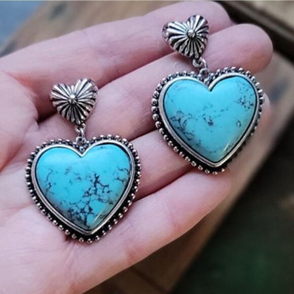 Turquoise Alloy Heart Dangle Earrings - Picture 8 of 8